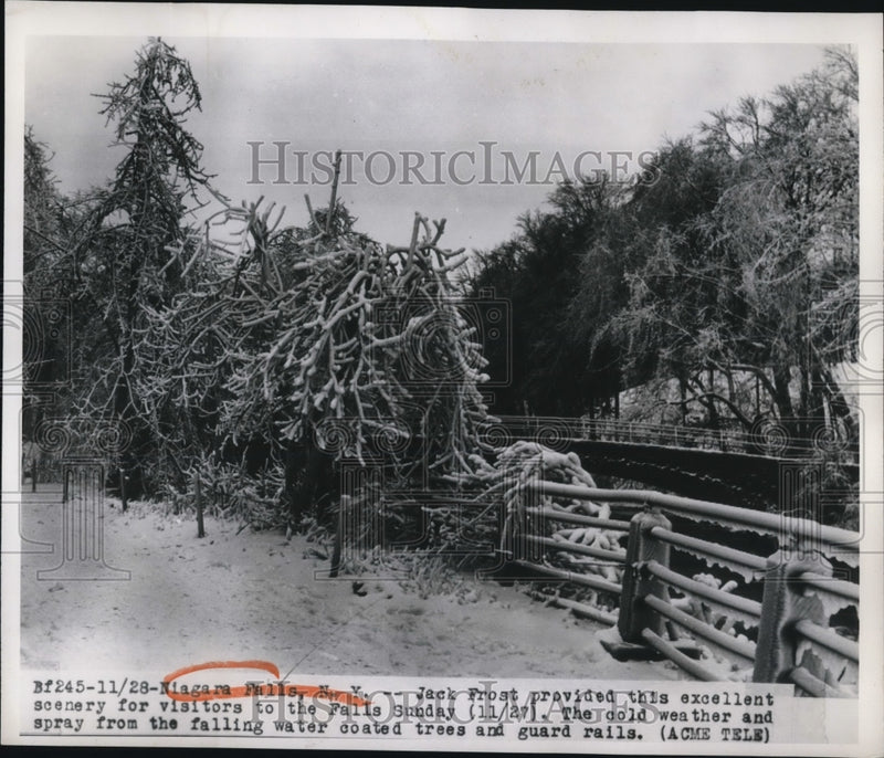 Load image into Gallery viewer, 1949 Press Photo Niagara Falls NY winter snow makes pretty scenery
