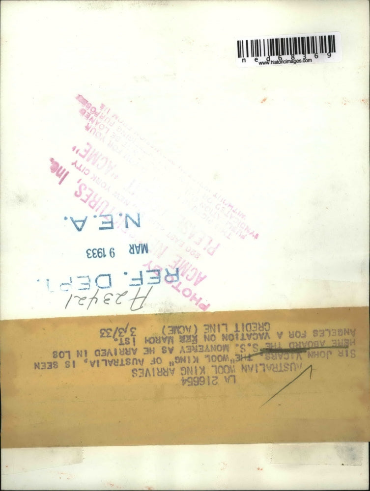 1933 Press Photo Sir John Vicars Australia "Wool King" Vacations In Los Angeles