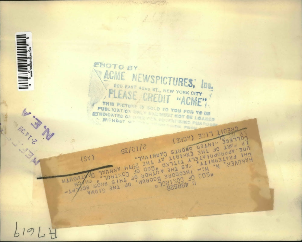 1939 Press Photo Hanover NH snow sculpture at Dartmouth winter carnival