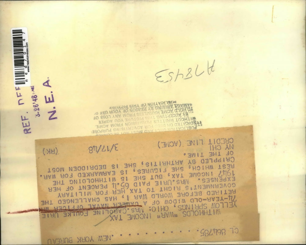 1948 Press Photo Widow Mrs Caroline Foulke Urie withholds war income tax