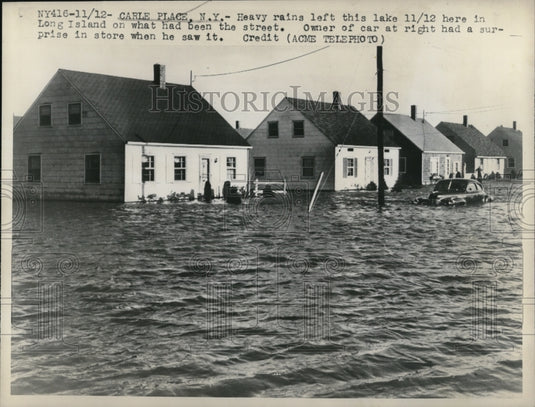 1947 Press Photo Carle Place New York Heavy Rain Flooded Lake Long Island- Historic Images