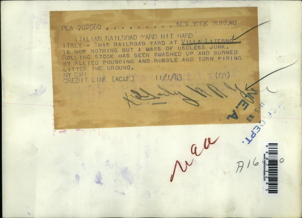 1943 Press Photo Railroad Yard at Villa Literno Burned by Allied Pounding in Ita