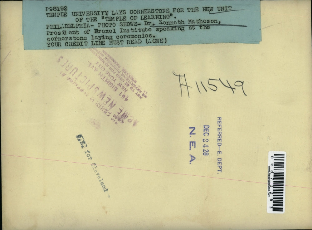 1928 Press Photo Dr Kenneth Matheson Pres Drexel Institute at cornerstone laying