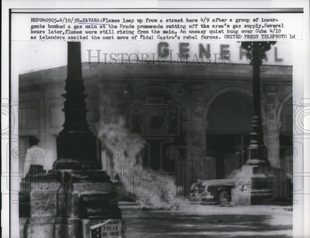 1958 Press Photo Fire Rages After Insurgents Bombed Gas Main At Prado Promenade