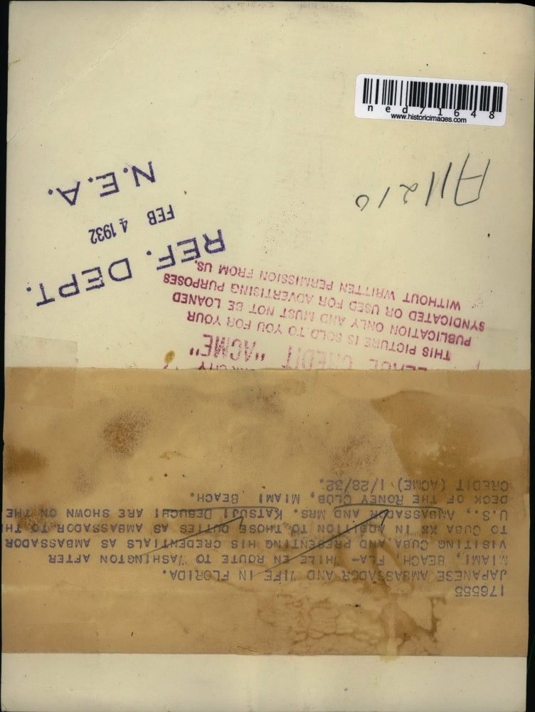 1932 Press Photo Miami Beach Fla. Japan Amb to US Katsuji Debuch & wife