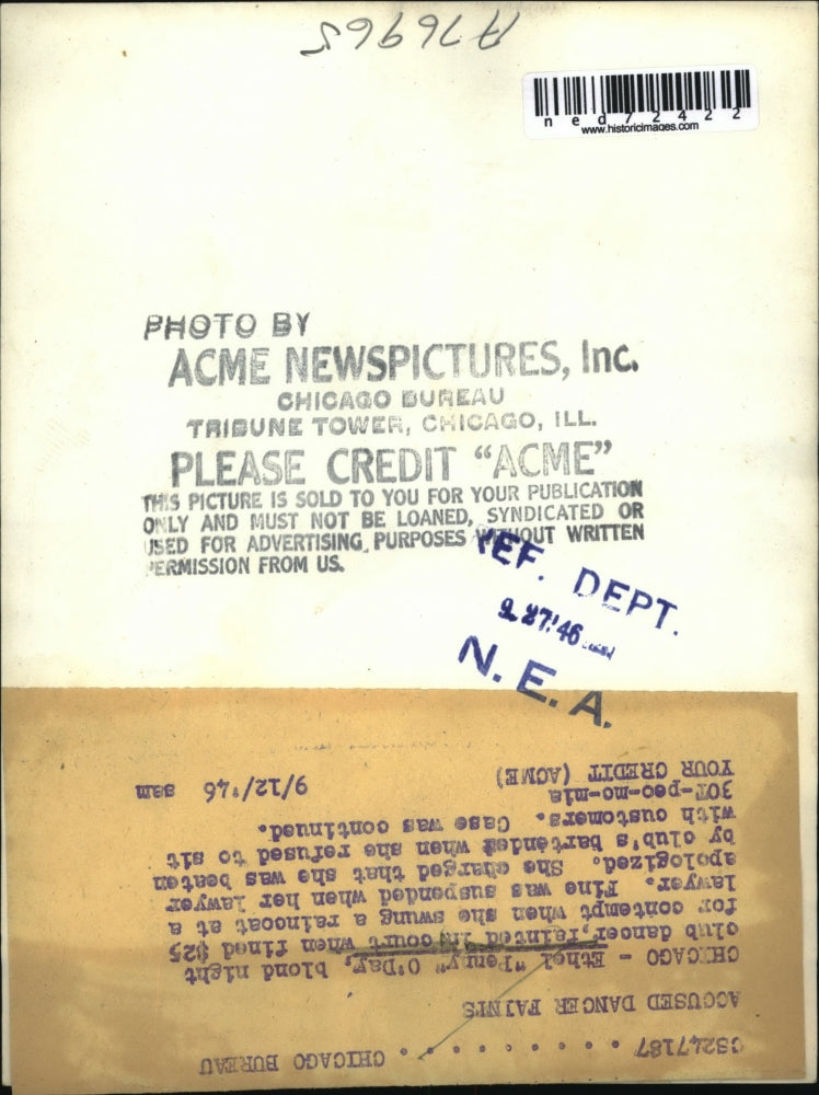 1946 Press Photo Ethel O'Day after she fainted in court at Chicago