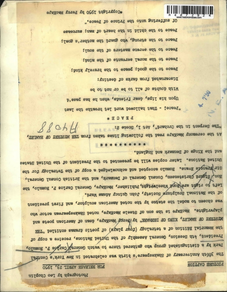 1950 Press Photo 386th anniversary of Shakespear's birth at Central Park