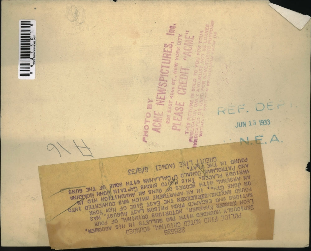 1933 Press Photo of police with a cache' of weapons belonging to Leon Kramer.