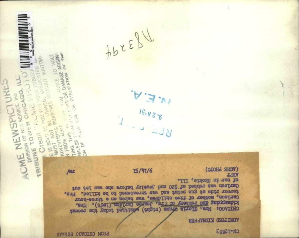 1951 Press Photo Mrs Gloria Organ on kidnapping & robbery of Jeanne Carlson