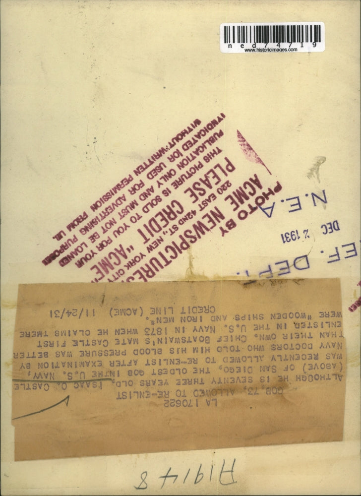 1931 Press Photo Isaac Castle, 73 years old, was allowed to re-enlist