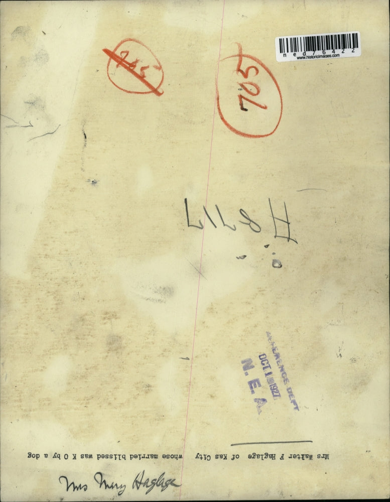 1927 Press Photo Mrs. Walter F Haglage of Kansas City marriage ended by a dog