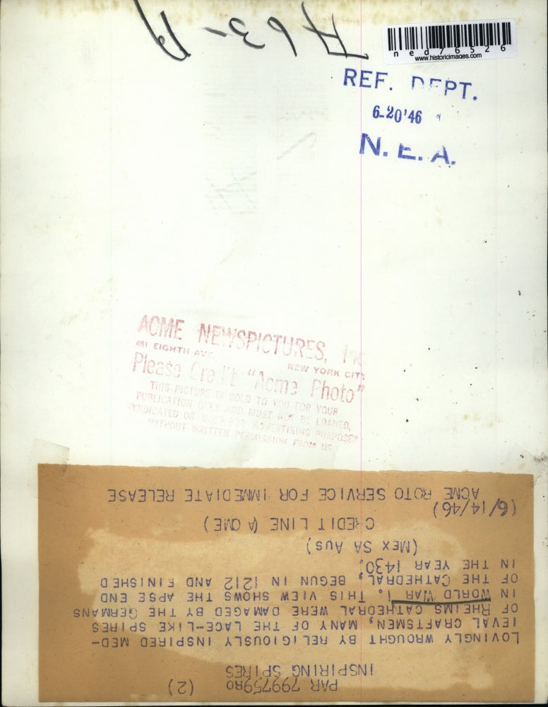 1946 Press Photo The famous Cathedral at Rheims, France