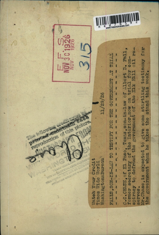 1926 Press Photo Falls, Son in law to testify for the Government of trial