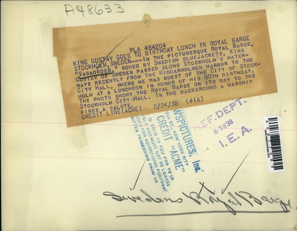 1938 Press Photo King Gustav Goes To Birthday Lunch In Stockholm Sweden