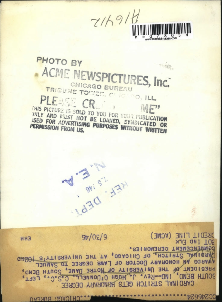 1946 Press Photo Rev. J. Hugh O'Donnell, President of University of Notre Dame