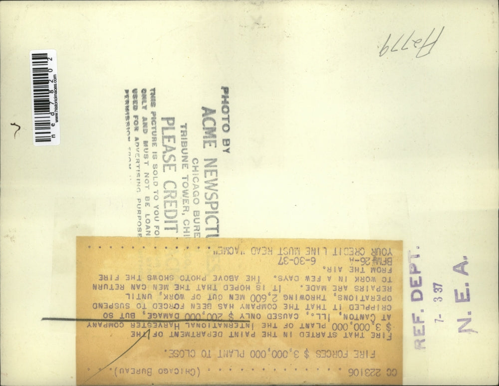 1937 Press Photo Fire in Plant of International Harvester Company