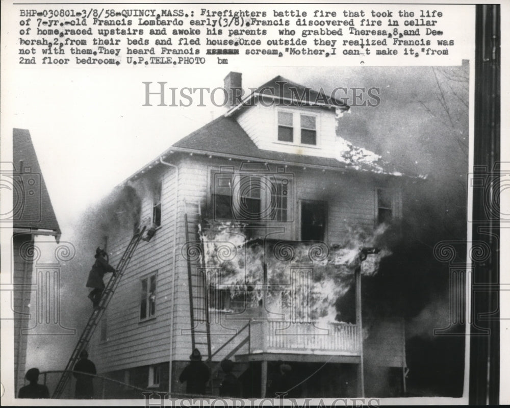1958 Press Photo The firefighters battle fire that took the life of F. Lombardo