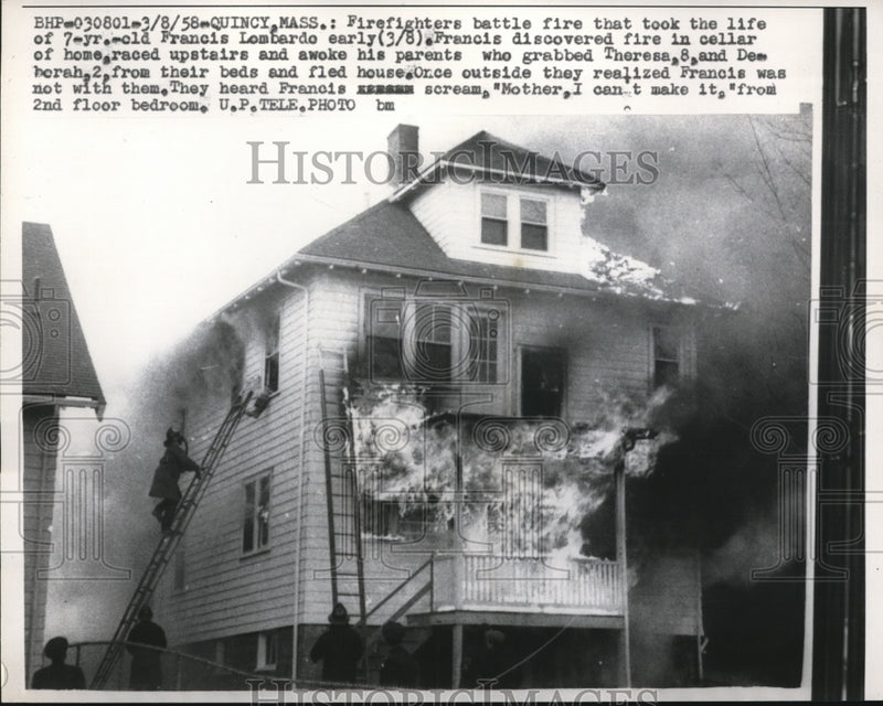 Load image into Gallery viewer, 1958 Press Photo The firefighters battle fire that took the life of F. Lombardo
