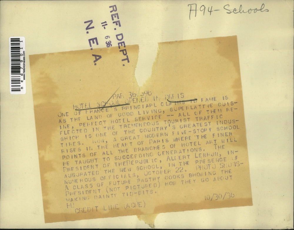 1936 Press Photo France cooking is famous, Albert Lebrun School of Cooking