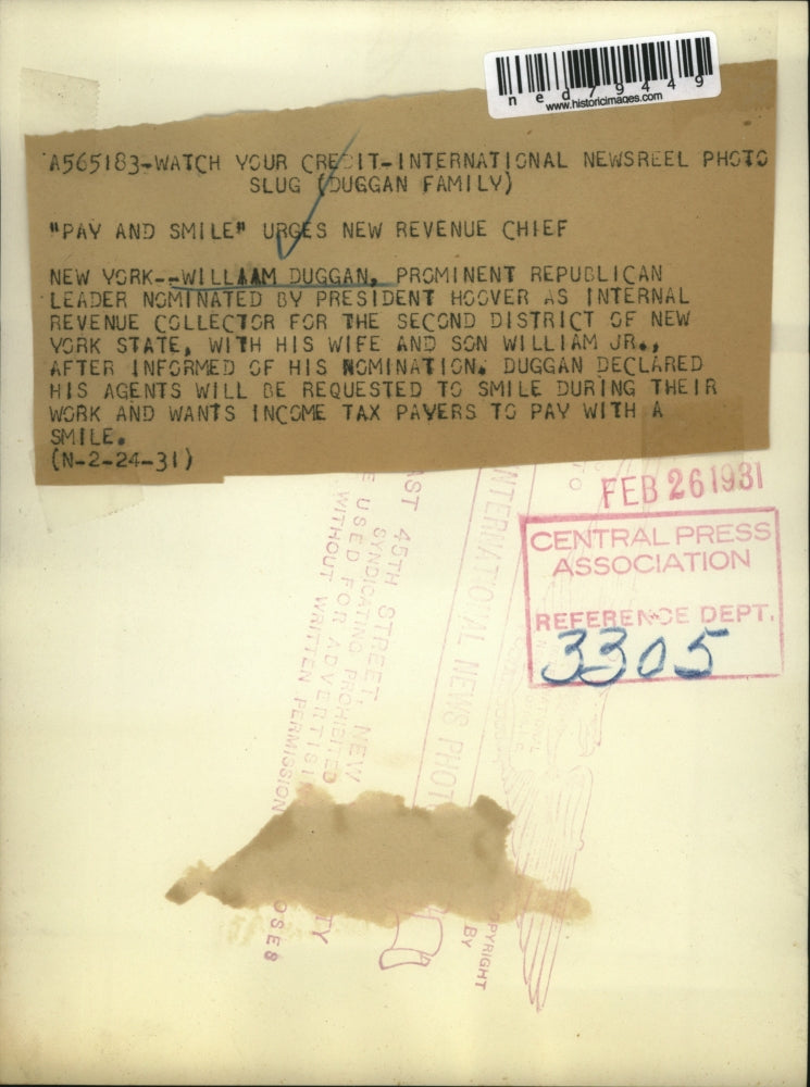 1931 Press Photo New York Revenue Chief William Duggan, Wife & Son