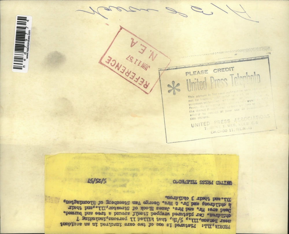 1957 Press Photo Two cars in anaccident at Benson Ill. killed 11 person.