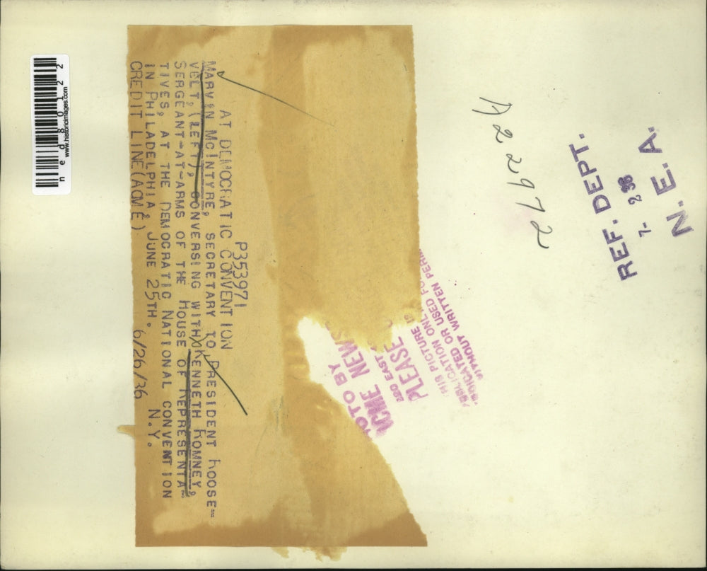 1936 Press Photo Secretary Marvin McIntyre Conversing With Kenneth Romney