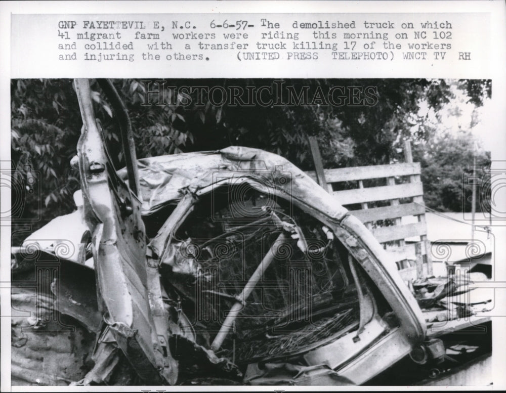 1957 Press Photo Demolished truck of forty-one migrant farm workers