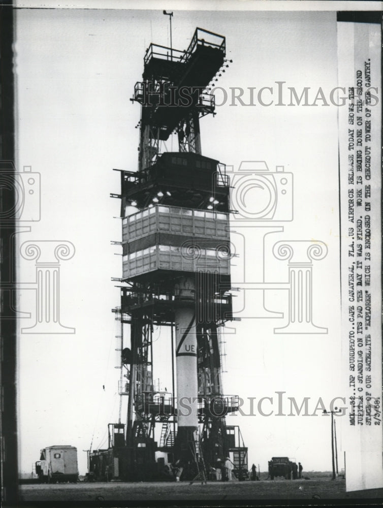 1958 Press Photo U.S. Airforce shows the Jupiter C stands the day it was fired- Historic Images