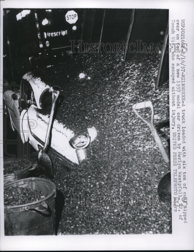 Load image into Gallery viewer, 1957 Press Photo A truck loaded with six ton of coal tipped over
