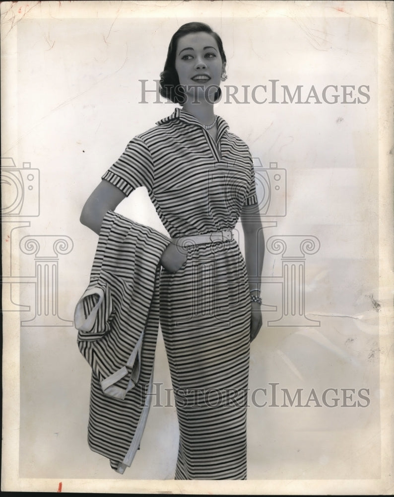 1956 Press Photo Cotton Jersey ensembles in red and white and blue stripes