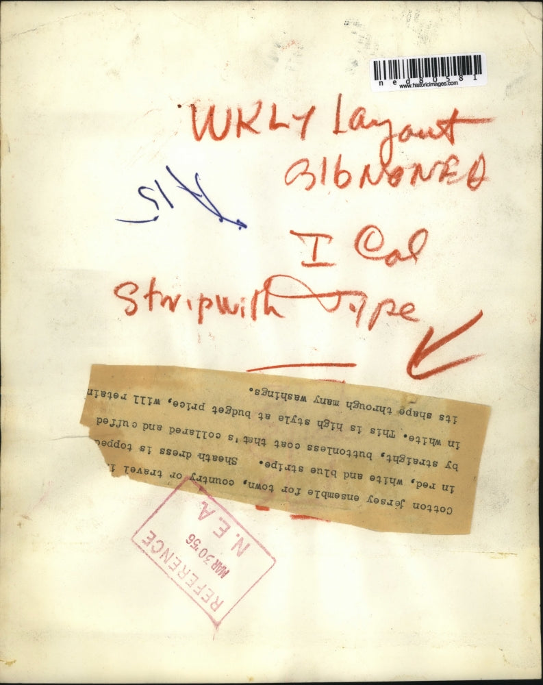 1956 Press Photo Cotton Jersey ensembles in red and white and blue stripes