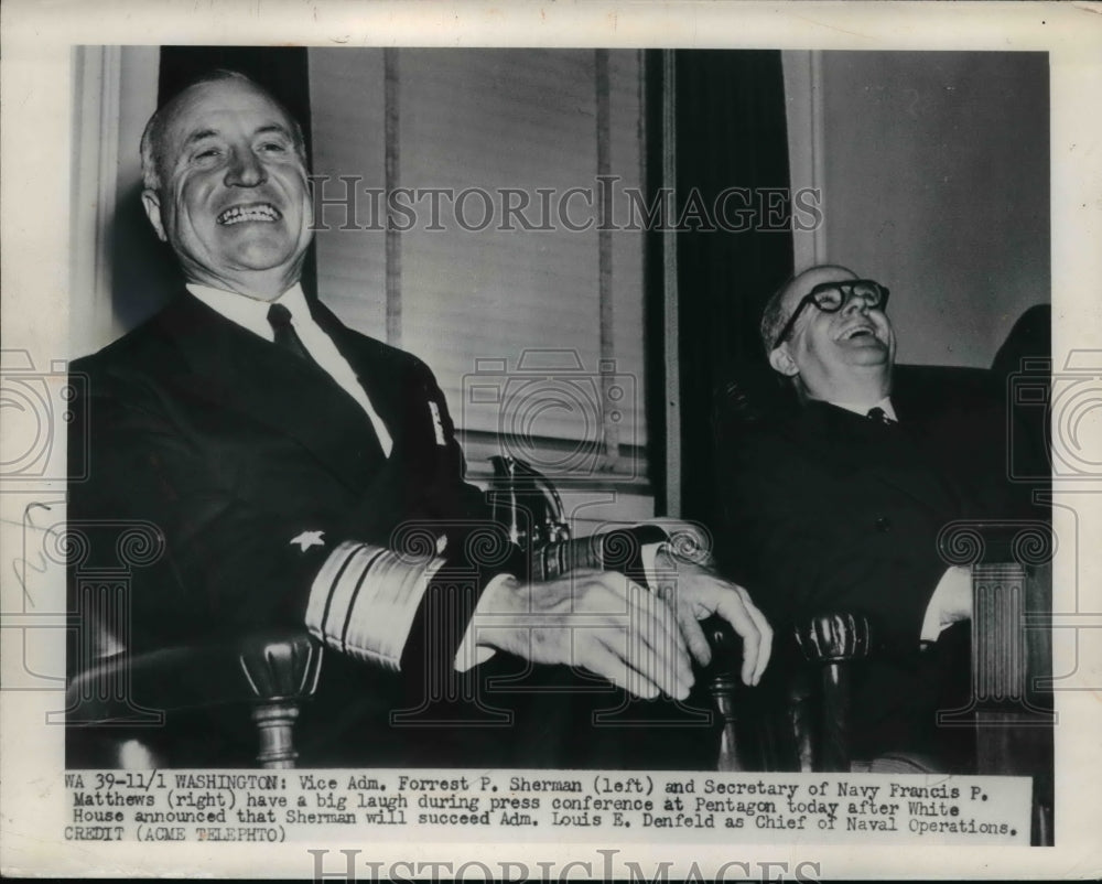 1949 Press Photo Vice Adm. Forrest Sherman and Sec. of Navy Francis Matthews- Historic Images