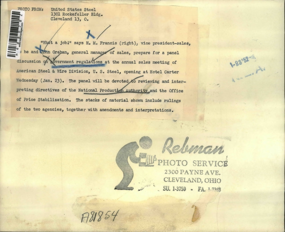 1952 Press Photo H M France John Graham Government Regulations Steel Wire