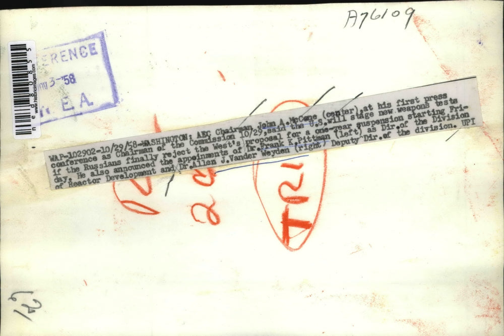 1958 Press PhotoWash DC AEC chair John McCone, Dr F Pittman,Dr A Weyden