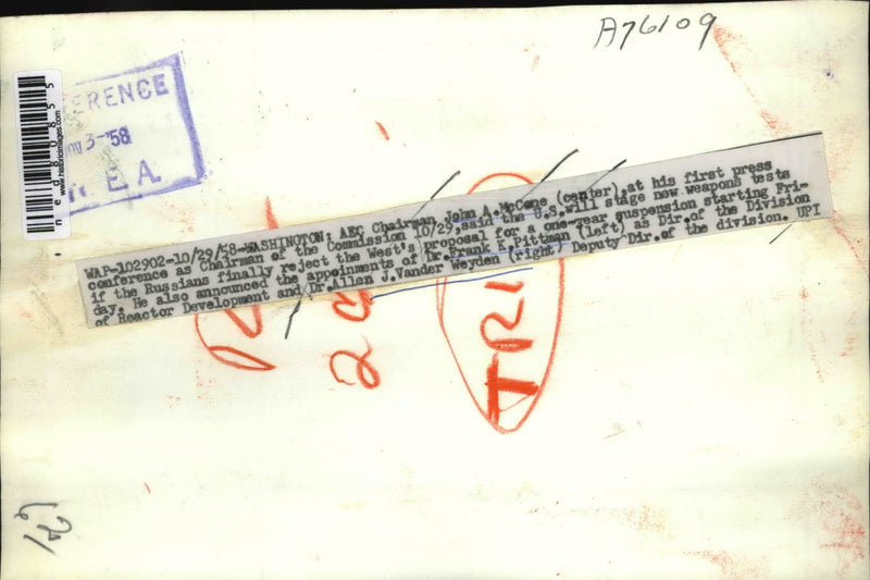 Load image into Gallery viewer, 1958 Press PhotoWash DC AEC chair John McCone, Dr F Pittman,Dr A Weyden
