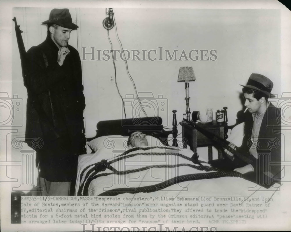 1951 Press Photo Cambridge Mass Wm McNamara, J Dale, D Ratner in school prank