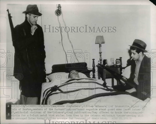 1951 Press Photo Cambridge Mass Wm McNamara, J Dale, D Ratner in school prank