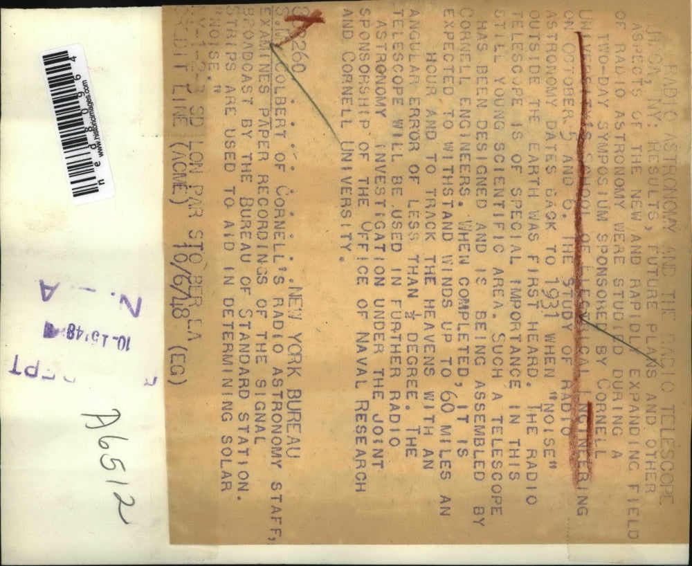 1948 Press Photo Cornell's Radio Astronomy staff SM Colbert on signal broadcast