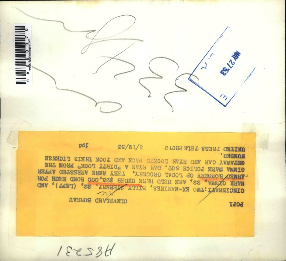 1953 Press Photo Billy Sterbert & Mark Gimma held under 425,000 bond each