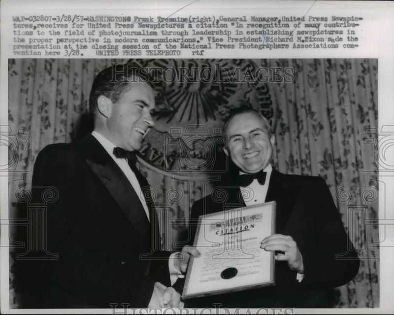 Load image into Gallery viewer, 1957 Press Photo UPI Gen Manager Frank Tremaine &amp; Vice Pres Richard Nixon
