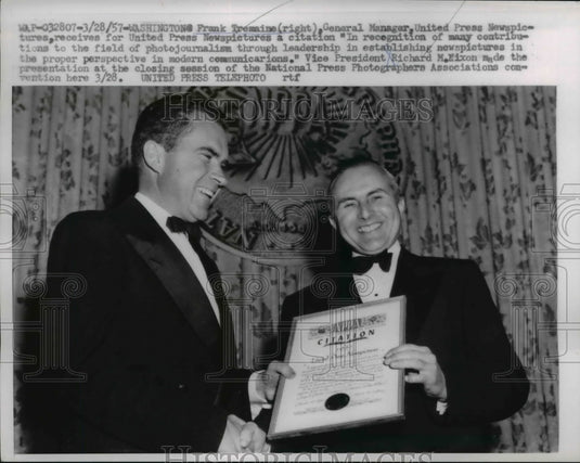 1957 Press Photo UPI Gen Manager Frank Tremaine & Vice Pres Richard Nixon