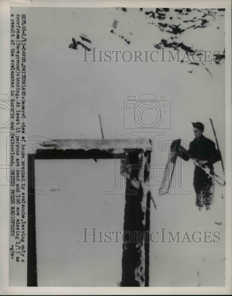 1954 Press Photo Davos Switzerland view of house wrecked by avalanche leaving