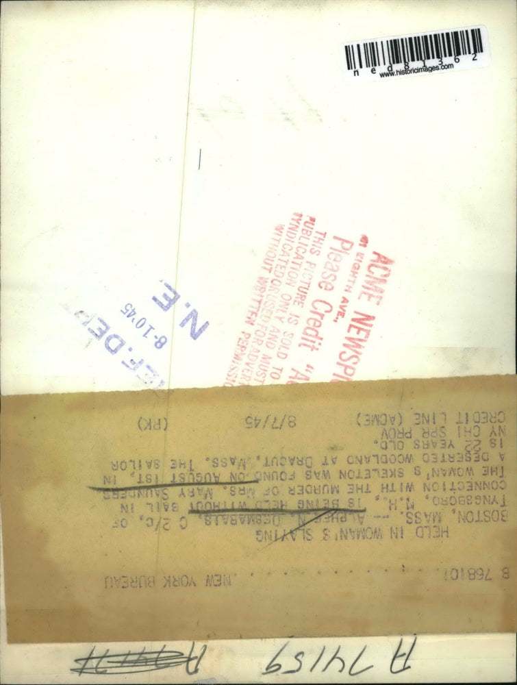 1945 Press Photo Alphee N Desmarais held connection with murder of Mary Saunders