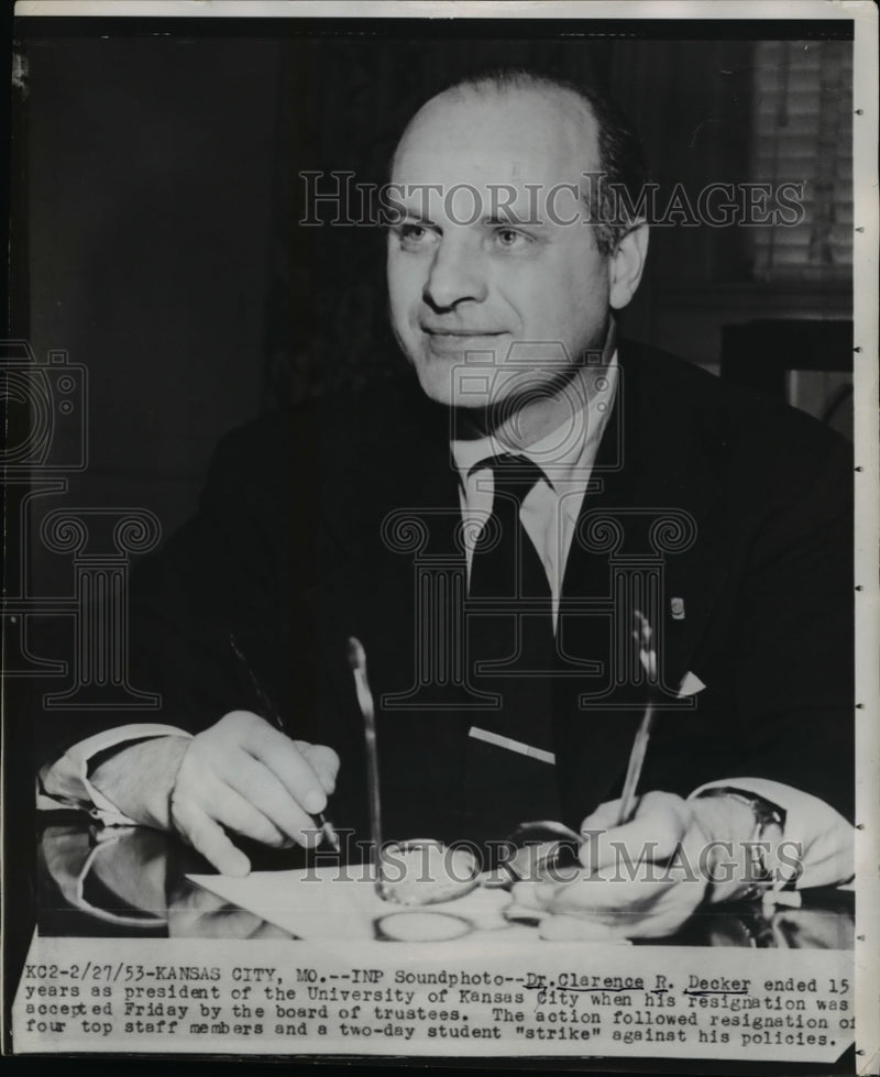 Load image into Gallery viewer, 1953 Press Photo Dr. Clarence Decker resigned from the University of Kansas
