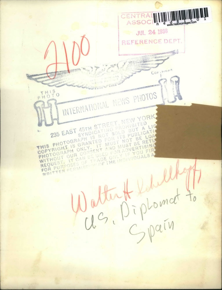 1938 Press Photo Walter H.Richellkopp, United States Diplomat to Spain