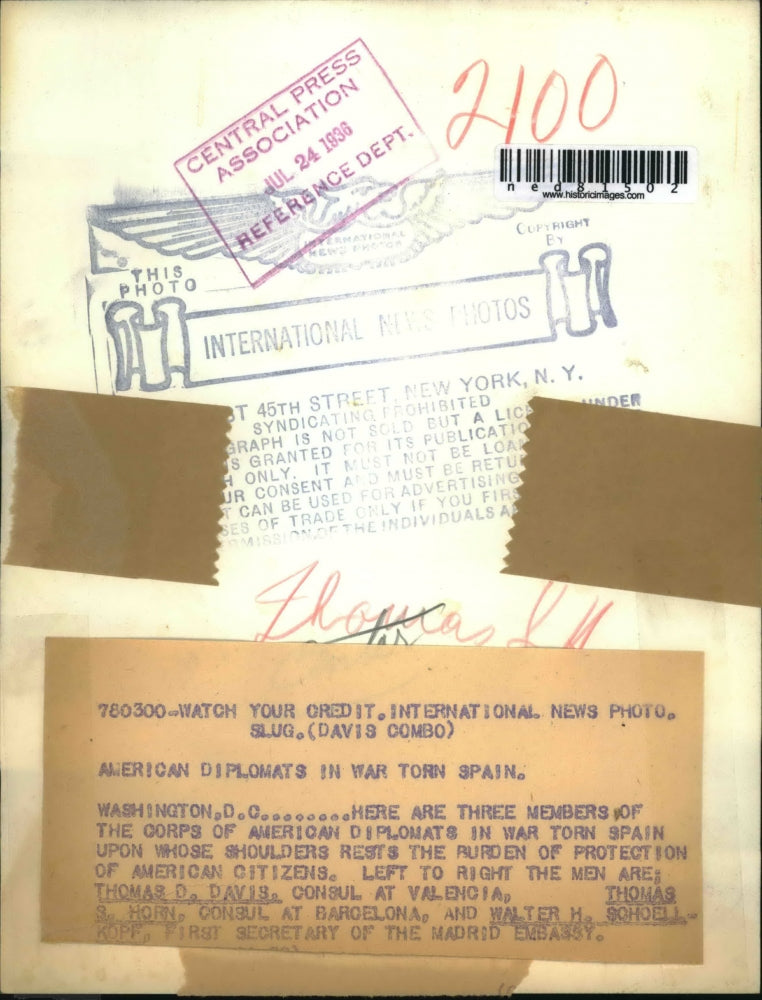 1936 Press Photo Three members of the corps of American Diplomats in war