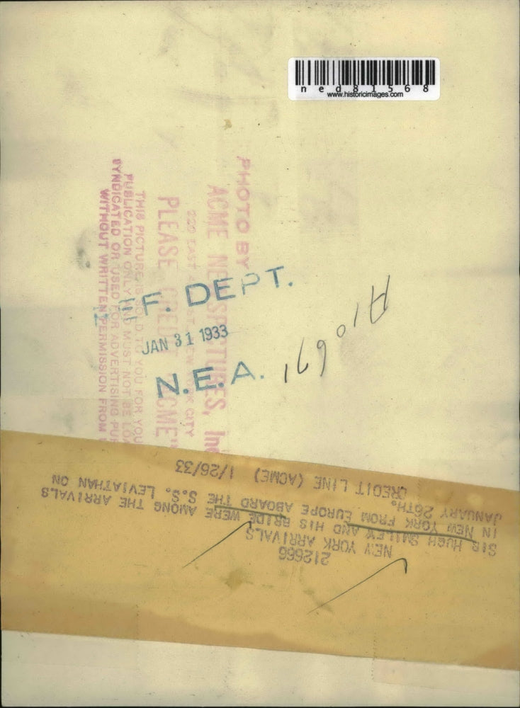 1933 Press Photo Sir Hugh Smiley and his bride were among the arrivals in New