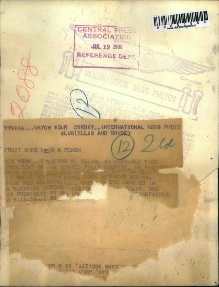 1936 Press Photo Crawford H. Ellis, 61 w/ his bride, 38