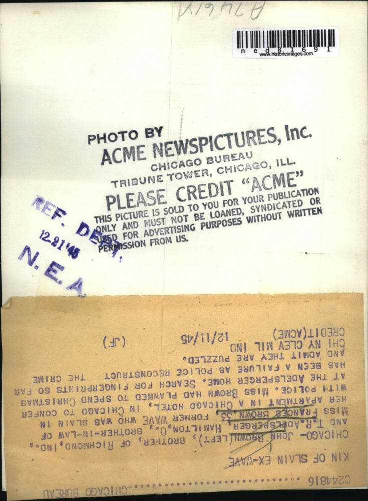 Load image into Gallery viewer, 1945 Press Photo Ms. Frances Brown's Slain Still Puzzled
