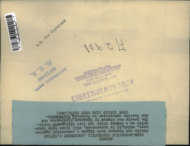 Load image into Gallery viewer, 1926 Press Photo Commercial agreement signed by Russia and Germany
